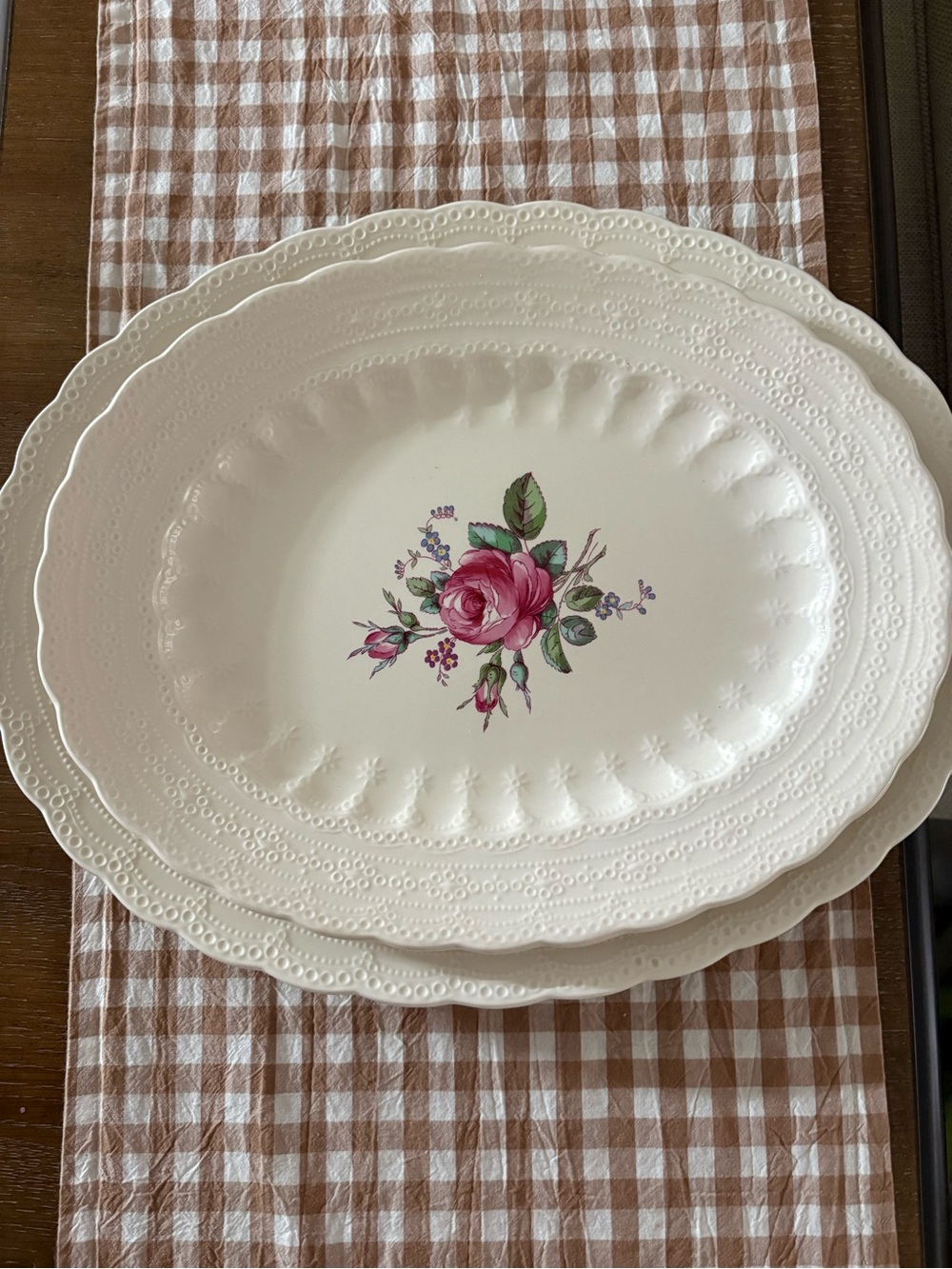 Spode Billingsley Rose White Ceramic Platters with Pink Rose Motif